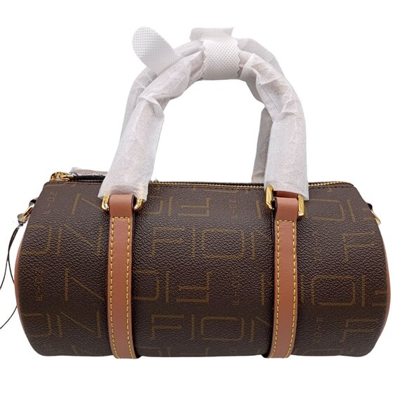 FION HK Monogram Brown Small Leather Mini Pavilion Style Crossbody Tote Bag NWT - Picture 1 of 15